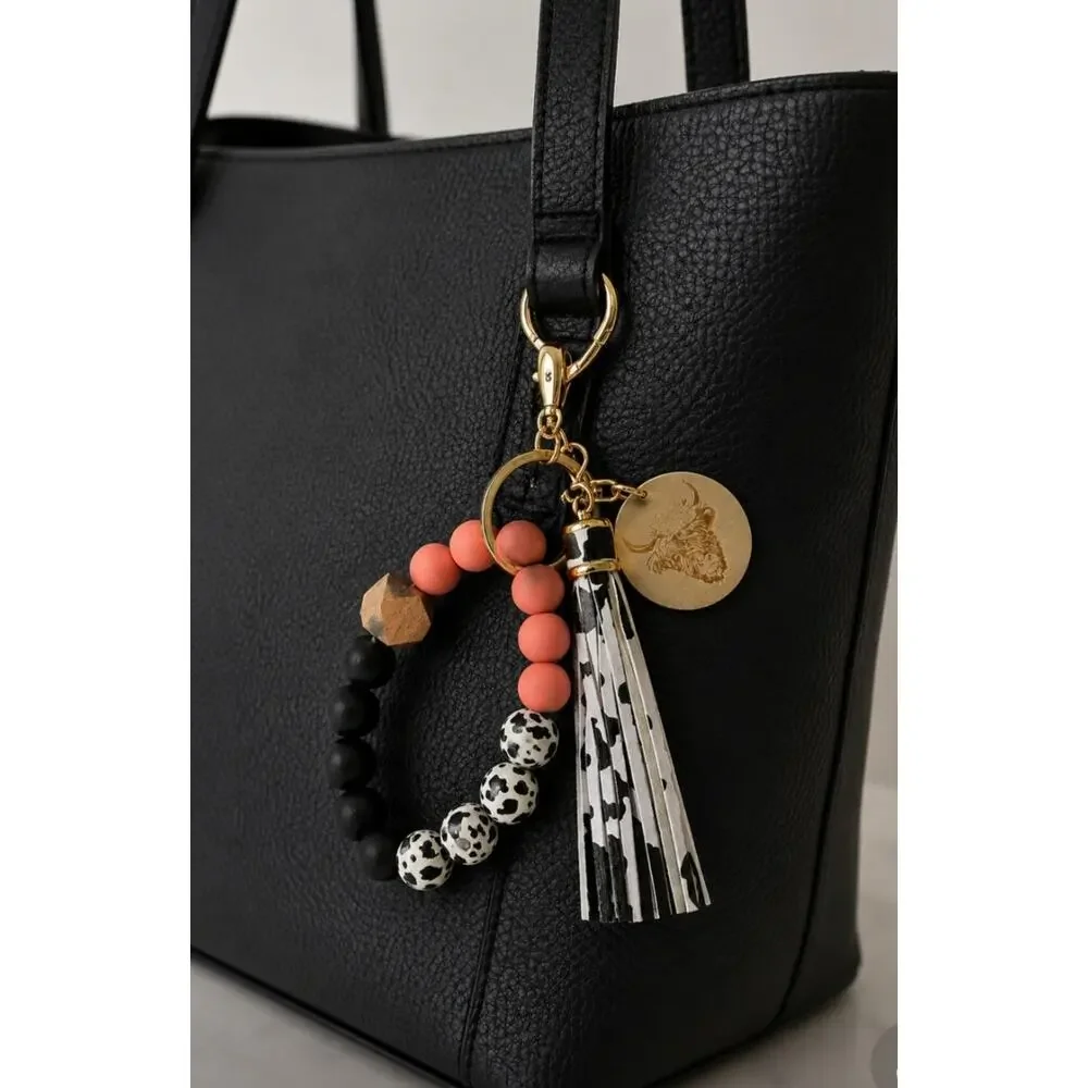 Silcone Black Mellon Cow Beaded Wrist Bag Charm New